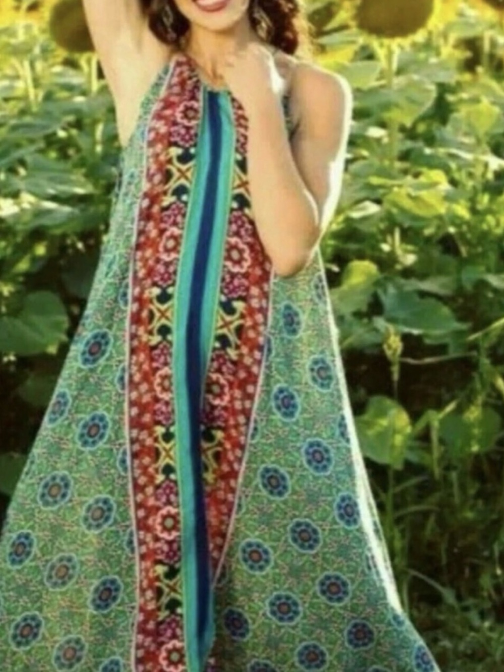 Anthropologie Multicolor Halter Maxi Dress in Teal, Coral & Navy XS/S